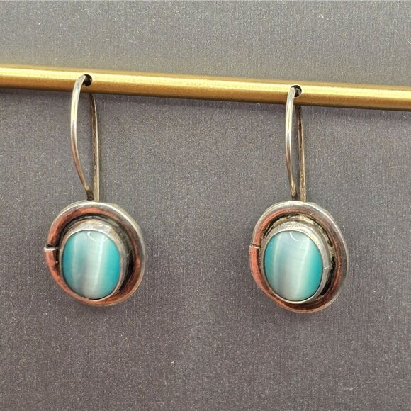 SEZGIN Sterling Silver Drop Earrings 1" Blue Cat’s Eye Signed 925 Oval 4.35g - Picture 2 of 12